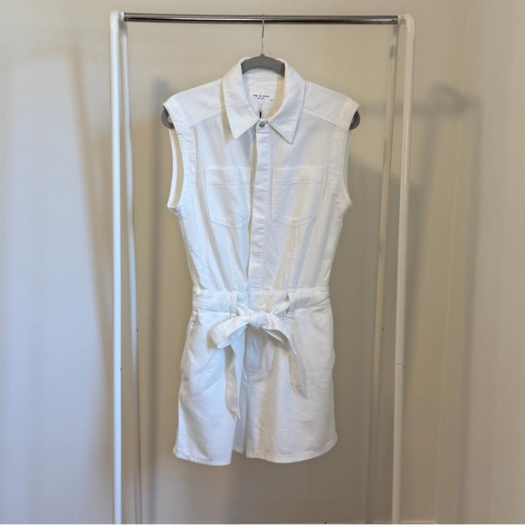 Rag & Bone Eliza Denim Sleeveless Belted Romper in White | Size S - Picture 9 of 11